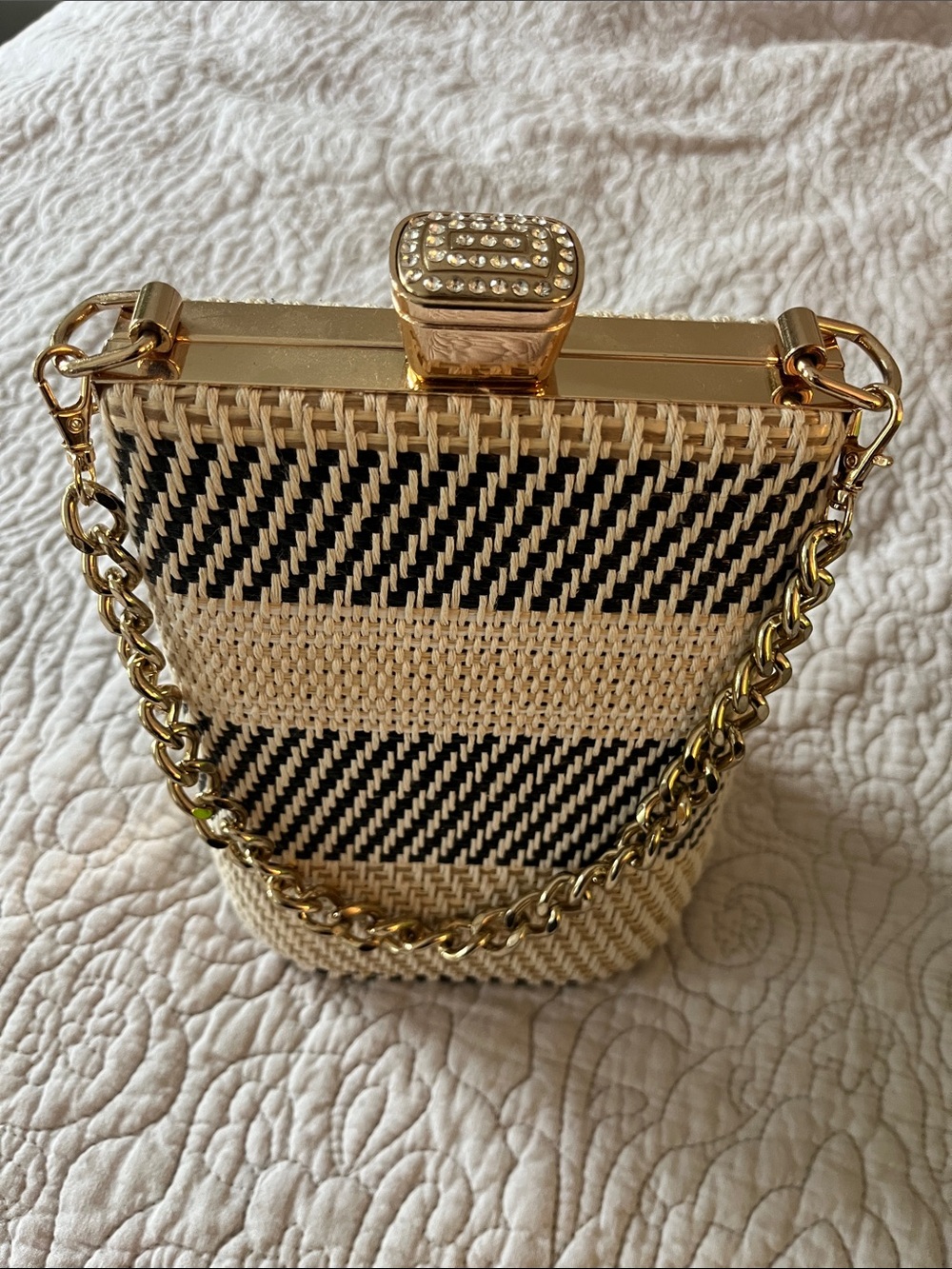 Woven Mini Box Bag in Black & Cream with Gold Chain